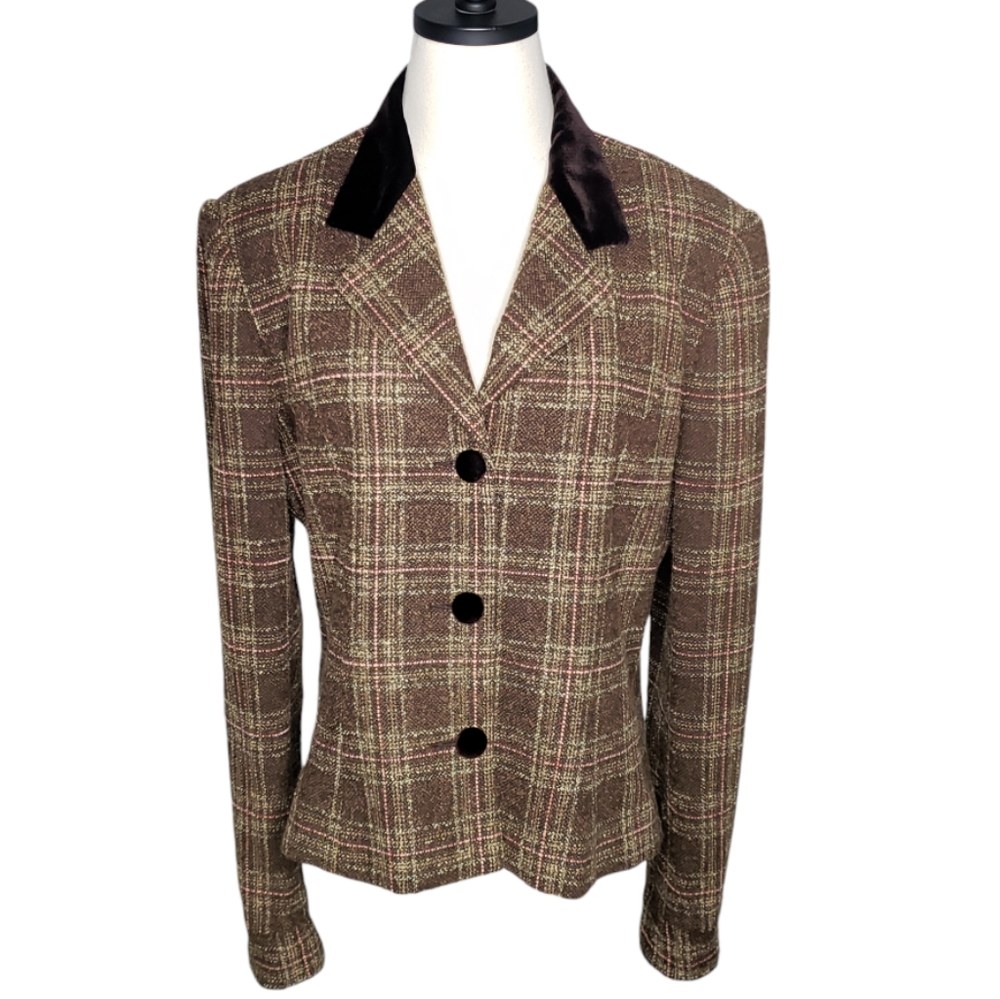 Vintage Plaid Tweed Blazer Velvet Heritage Equestrian Preppy Academia Jacket